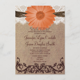 Rustic Peach Coral Daisy Flower Wedding Invitation