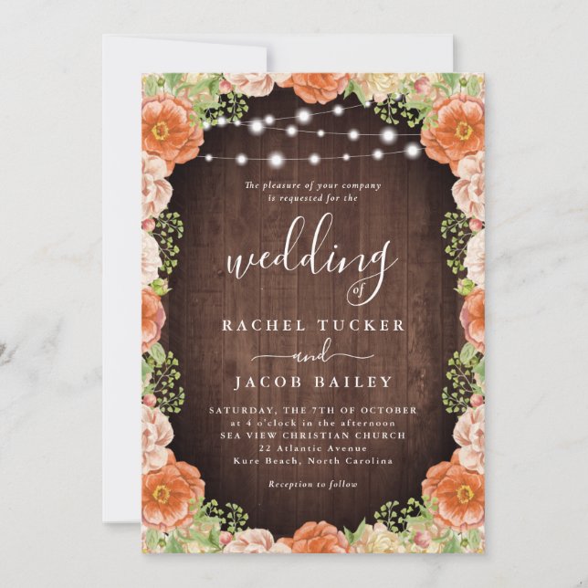Rustic Peach Coral Floral Greenery Fall Wedding Invitation (Front)