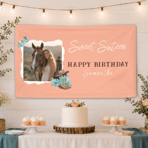 Rustic Peach Cowgirl Photo Sweet Sixteen Birthday Banner