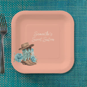 Rustic Peach Cowgirl Sweet Sixteen Birthday Paper Plate