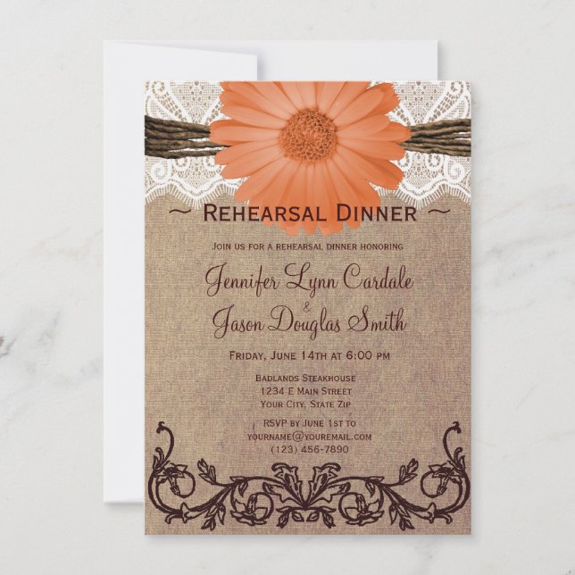 Rustic Peach Daisy Rehearsal Dinner Invitations (Front)