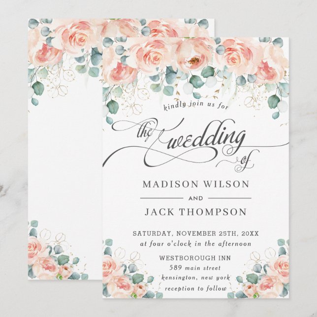 Rustic Peach Floral Calligraphy Greenery Wedding Invitation (Front/Back)