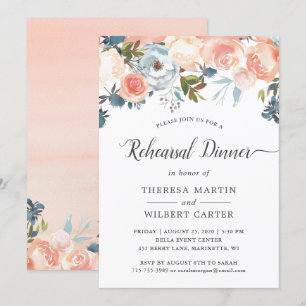 Rustic Peach Floral Fall Wedding Rehearsal Dinner Invitation