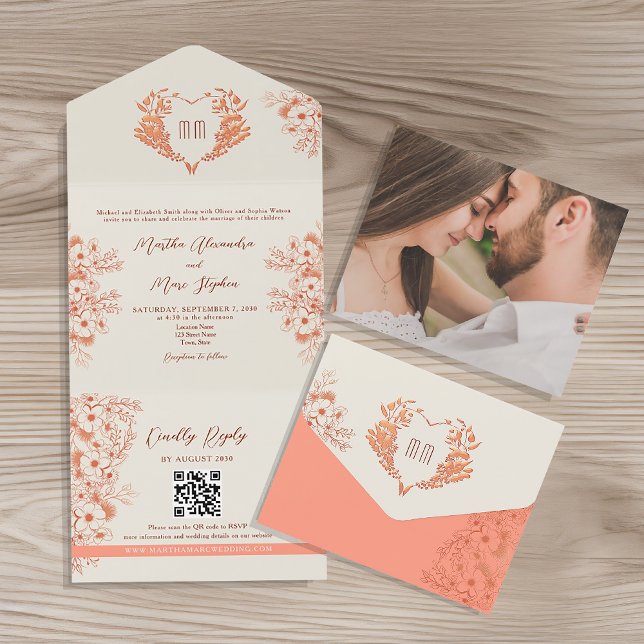 Rustic Peach Floral Heart Monogram Wedding All In One Invitation (Creator Uploaded)