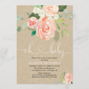Rustic peach floral kraft girl baby shower invitation