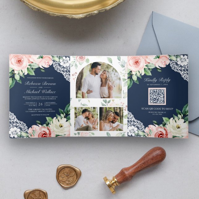 Rustic Peach Floral Lace Navy Blue QR Code Wedding Tri-Fold Invitation (Creator Uploaded)