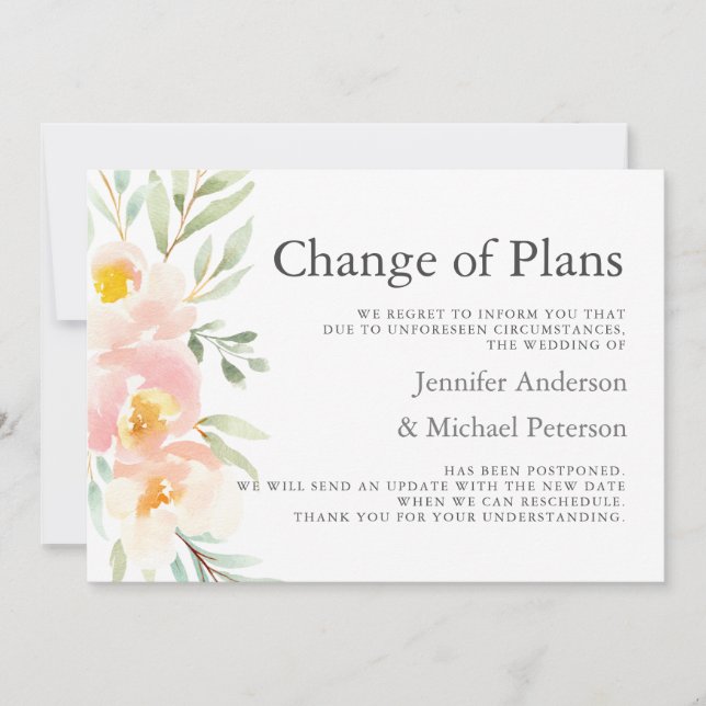 Rustic Peach Floral New Plan Wedding Postponement Announcement (Front)