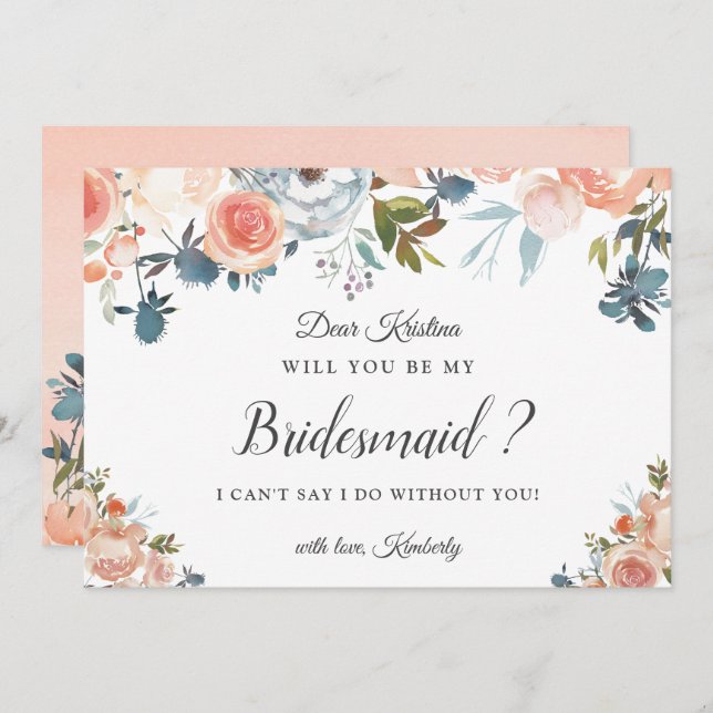 Rustic Peach Floral Will You Be My Bridesmaid Invitation (Front/Back)