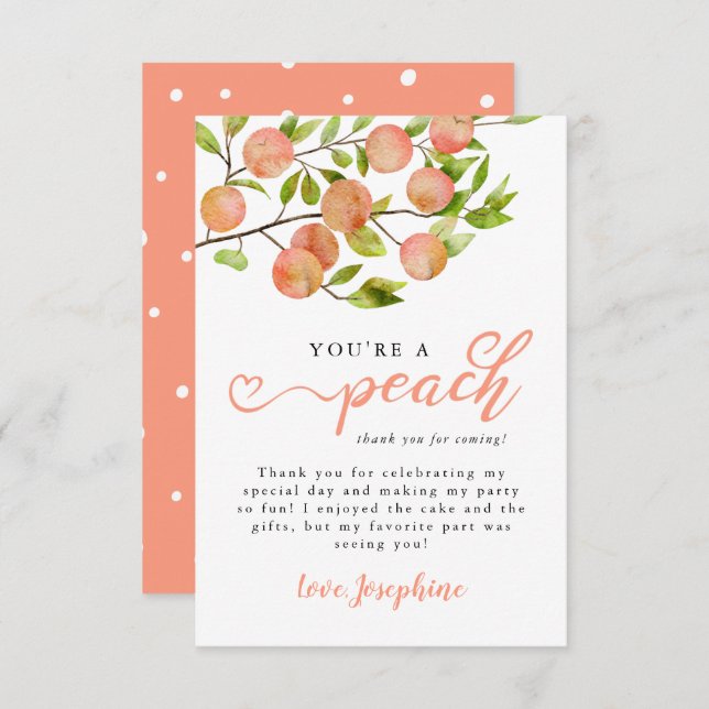Rustic Peach Fruit Birthday Party Thank You Card (Front/Back)