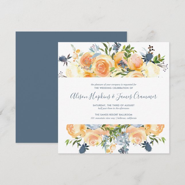 Rustic Peach Peony Floral Bouquet SQ Wedding Invitation (Front/Back)