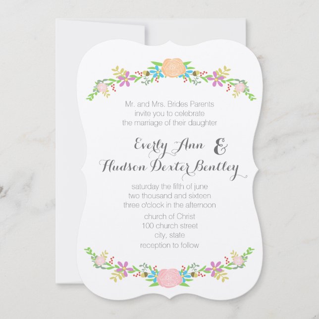 Rustic Peach Pink Aqua Die Cut Garland Wedding Invitation (Front)