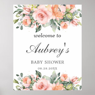 Rustic Peach Pink Floral Leafy Baby Shower Welcome Poster