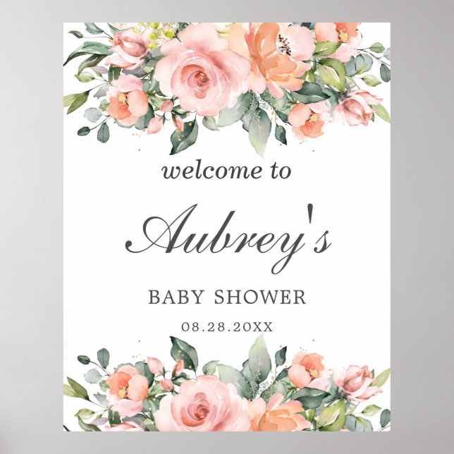 Rustic Peach Pink Floral Leafy Baby Shower Welcome Poster (Front)