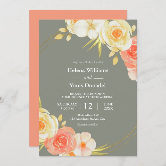 Rustic Peach Roses & Sage Green Floral Watercolor Invitation (Front/Back)
