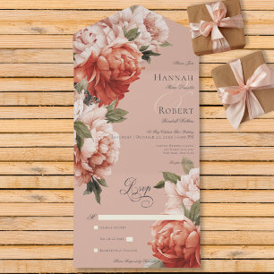 Rustic Peach & Rust Peonies on Peach No Dinner All In One Invitation