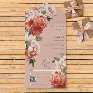 Rustic Peach & Rust Peonies on Peach QR Code All In One Invitation