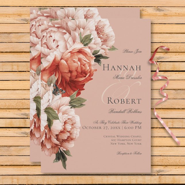 Rustic Peach & Rust Peonies on Peach Wedding Invitation (Rustic Peach & Rust Peonies on Peach Wedding Invitation)