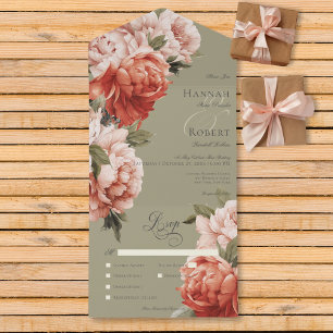 Rustic Peach & Rust Peonies on Sage Dinner All In One Invitation