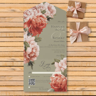 Rustic Peach & Rust Peonies on Sage QR Code All In One Invitation