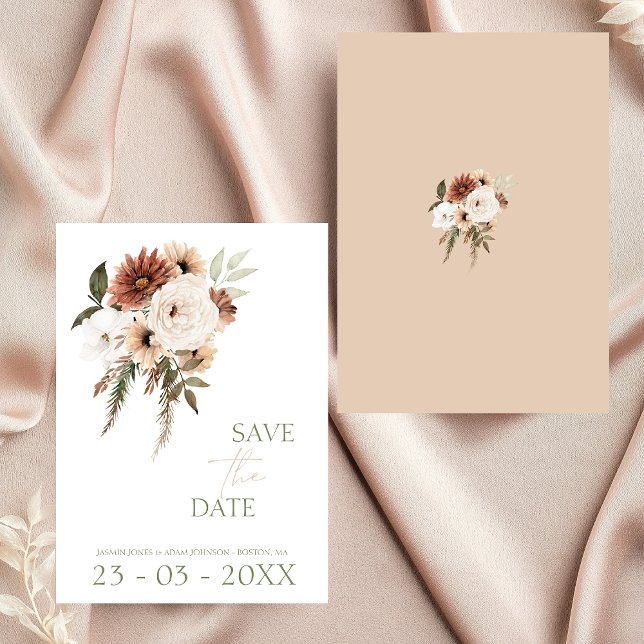 Rustic Peach Terracotta Greenery Floral Wedding Save The Date (Elegant Peach Olive Green Floral Wedding Save The Date)
