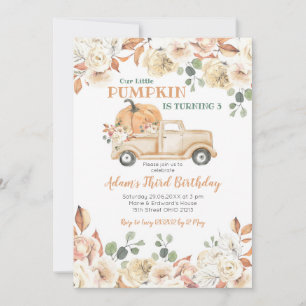 Rustic Peach Truck Pumpkin Is turning 3 Birthday Invitation