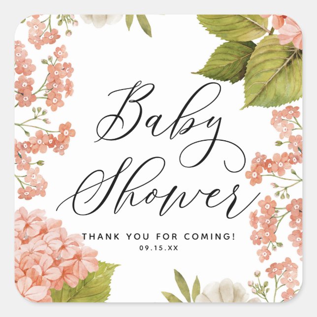 Rustic Peach Watercolor Hydrangeas Baby Shower Square Sticker (Front)