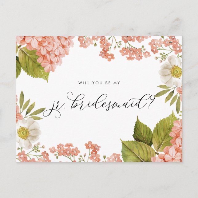 Rustic Peach Watercolor Hydrangeas Jr. Bridesmaid Postcard (Front)