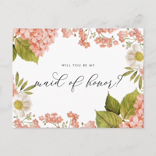 Rustic Peach Watercolor Hydrangeas Maid of Honour Postcard (Front)