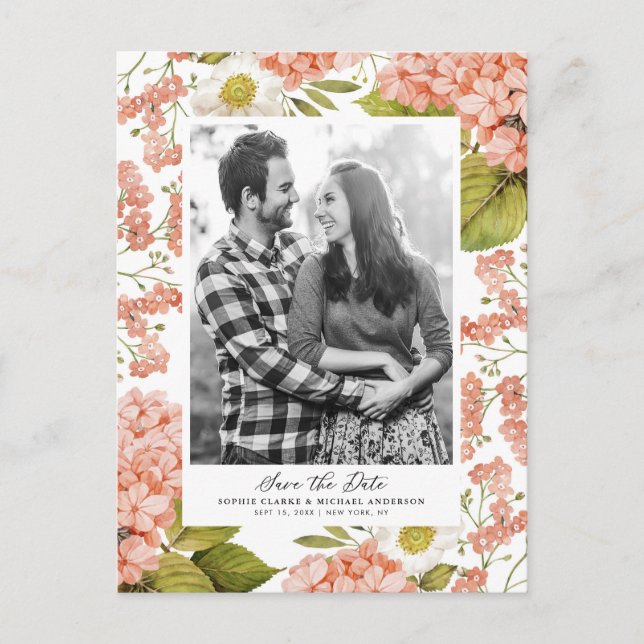 Rustic Peach Watercolor Hydrangeas Save the Date Announcement Postcard (Front)