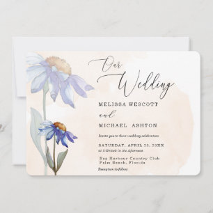 Rustic Peach Watercolor Purple Daisy Wedding Invitation