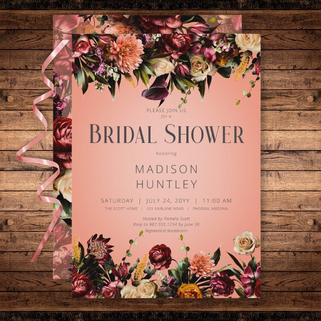 Rustic Peach Wine & Purple Floral Bridal Shower Invitation (Rustic Peach Wine & Purple Floral Bridal Shower Invitation)