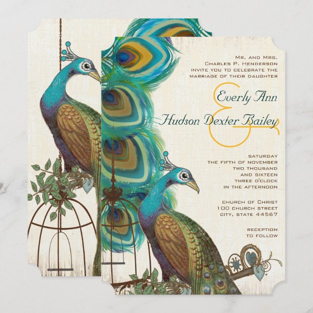 Rustic Peacock Bird Cage Feather Wedidng Invites (Front/Back)