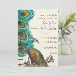 Rustic Peacock Bird Cage Feather Wedidng Invites