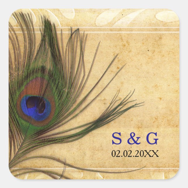 Rustic Peacock Feather wedding favours stickers (Front)