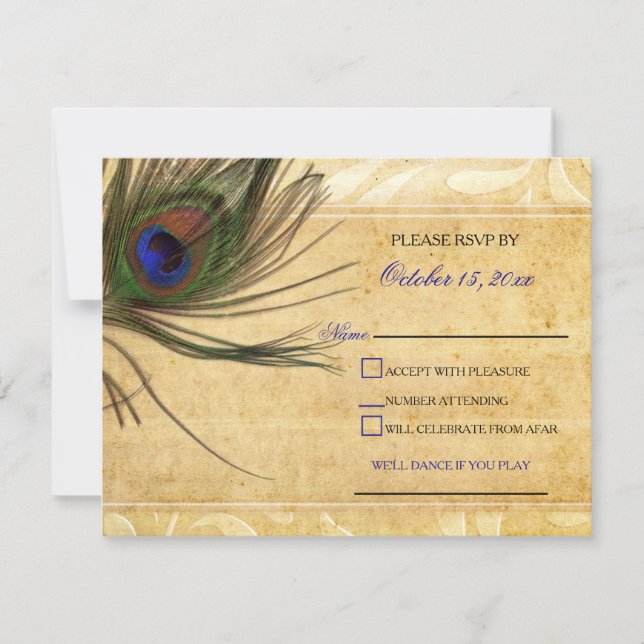 Rustic Peacock Feather wedding invitations rsvp (Front)