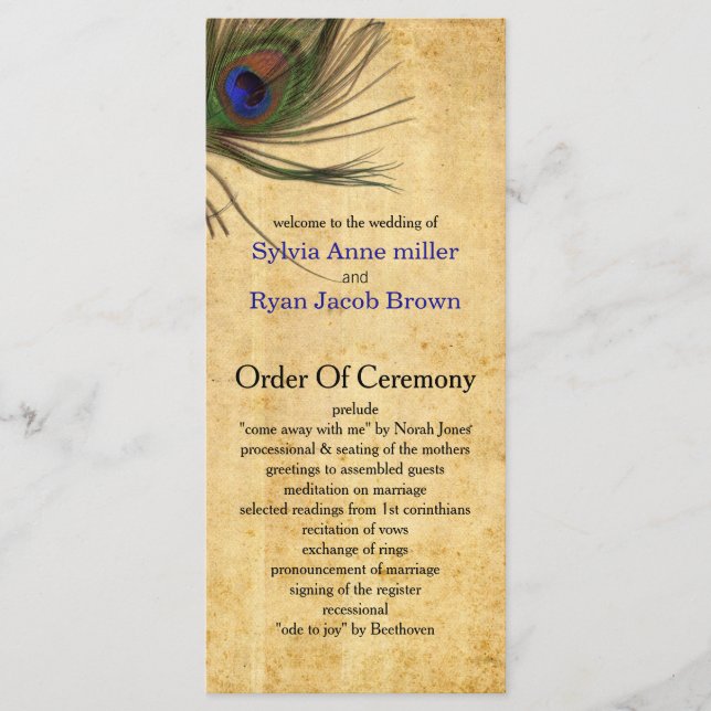 Rustic Peacock Feather wedding programs Programme (Front)
