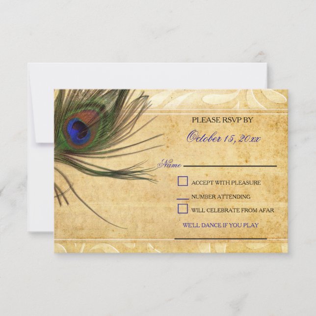 Rustic Peacock Feather wedding rsvp 3.5 x5 (Front)