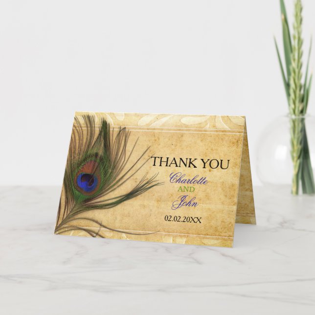Rustic Peacock Feather wedding Thank You Card (Front)