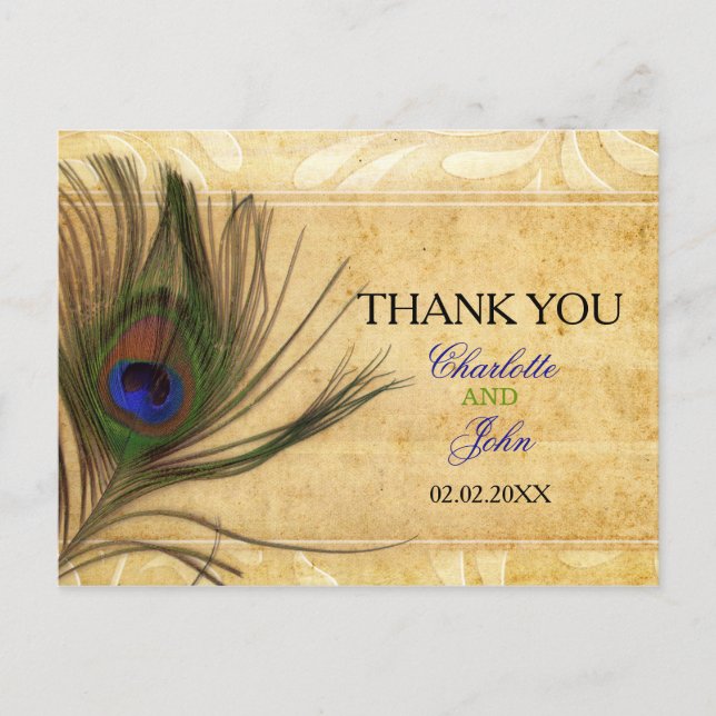 Rustic Peacock Feather wedding Thank You Postcard (Front)