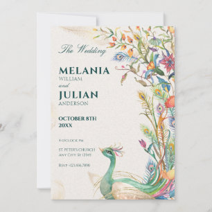 Rustic peacock floral wedding  invitation