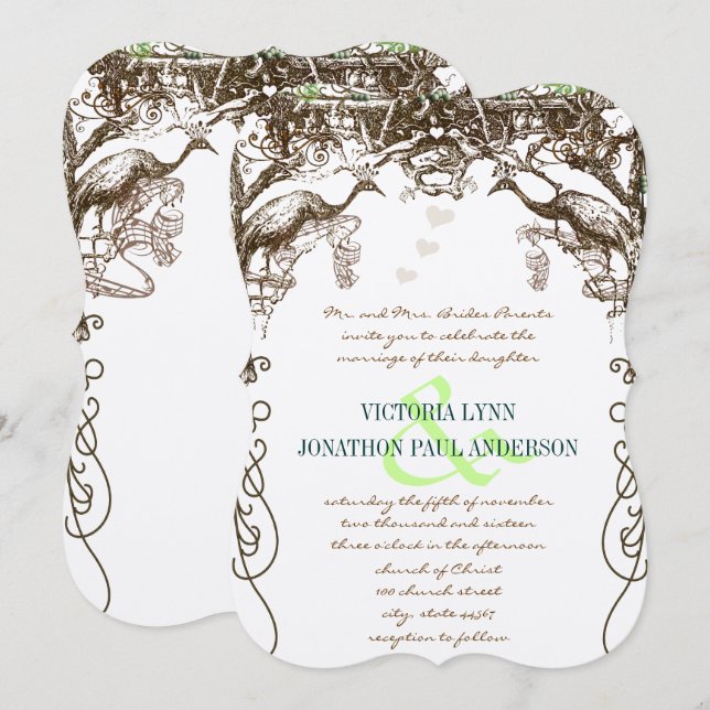 Rustic Peacock Vintage Love Birds Invitation (Front/Back)