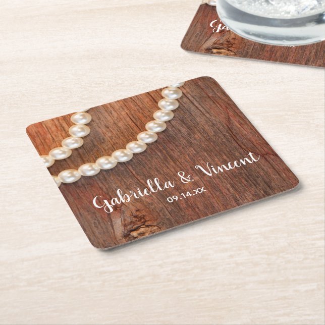 Rustic Pearls and Barn Wood Country Wedding Square Paper Coaster (Angled)