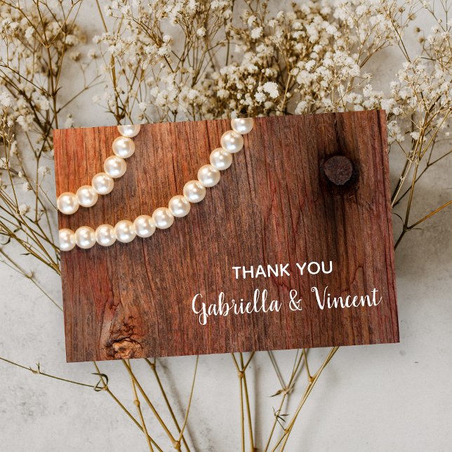 Rustic Pearls and Barn Wood Wedding Thank You Note Card (Creator Uploaded)