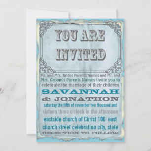 Rustic Pen Flourish Aqua Grey Vintage Wedding Invitation
