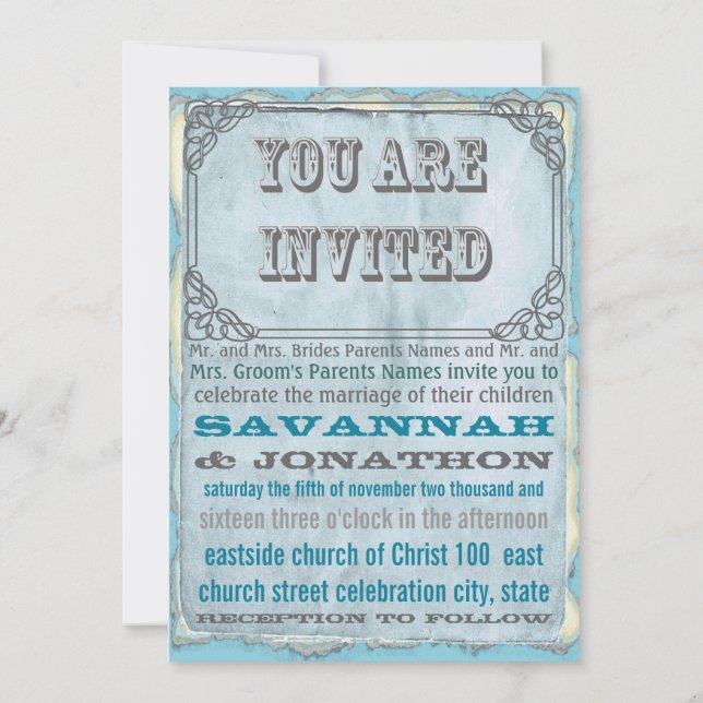 Rustic Pen Flourish Aqua Grey Vintage Wedding Invitation (Back)
