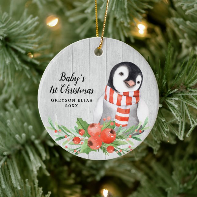 Rustic Penguin Personalised Baby's 1st Christmas Ceramic Tree Decoration (Tree)