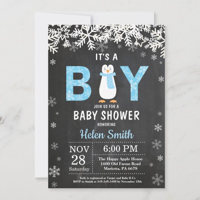 Rustic Penguin Winter Boy Baby Shower Invitation (Front)