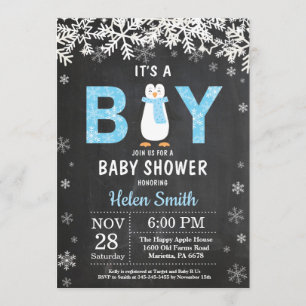 Rustic Penguin Winter Boy Baby Shower Invitation