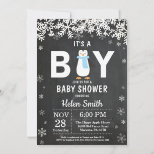 Rustic Penguin Winter Boy Baby Shower Invitation