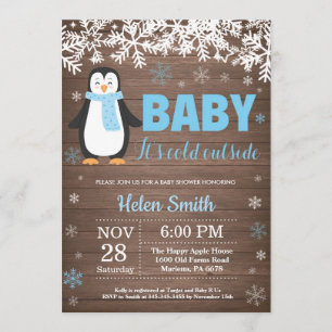 Rustic Penguin Winter Boy Baby Shower Invitation